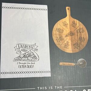3 PC Pizza-Themed Kitchen Towel and Wooden Pizza Board Set